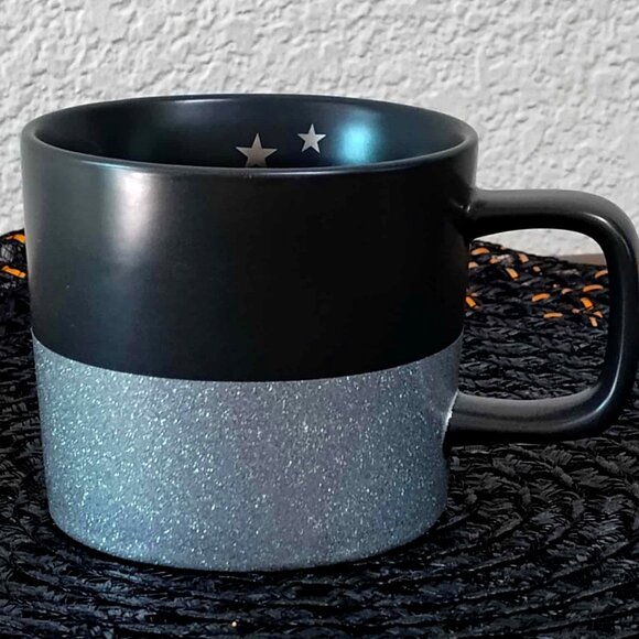Starbucks Coffee Mug 2018 Matte Black & Silver Glitter w/Stars 12oz - Picture 1 of 6